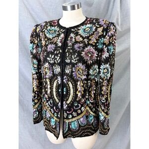 Laurence Kazar Vintage Beaded Sequin Silk Evening Jacket Black Multi Floral M